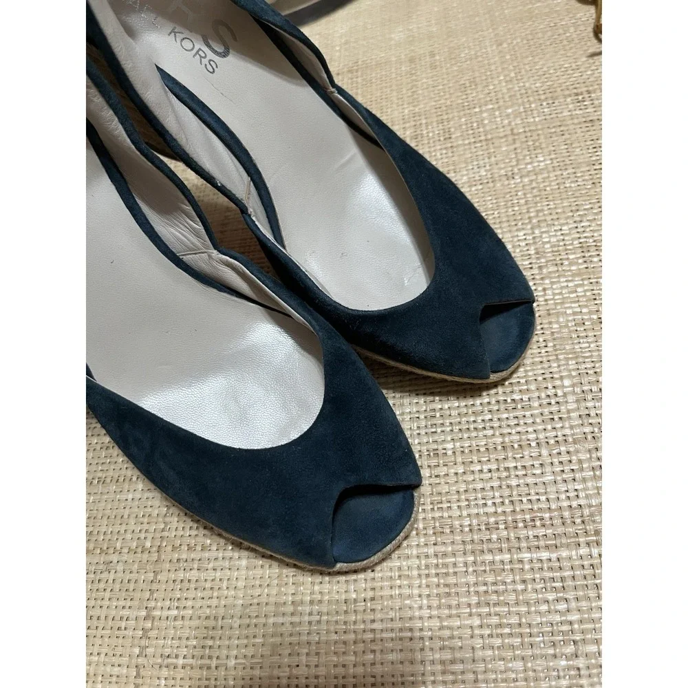 Michael Kors‎ Blue Suede Leather 7.5 Peep Toe Sling Back Wedge Espadrille Heels
